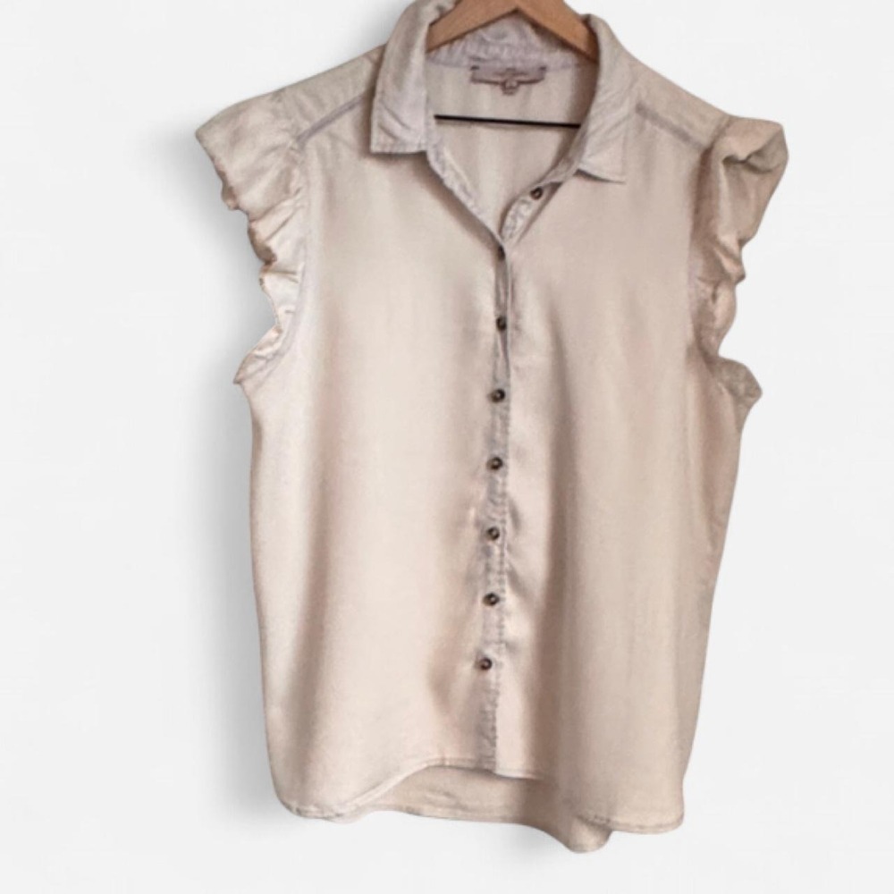 Casa Cabana Cream Gray Cottagecore Ruffle Button-Down Blouse